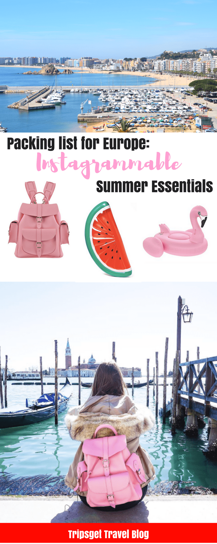 Packing list for Summer in Europe: most instagrammable summer essentials and accessories: from inflatable flamingo to pink leather backpack